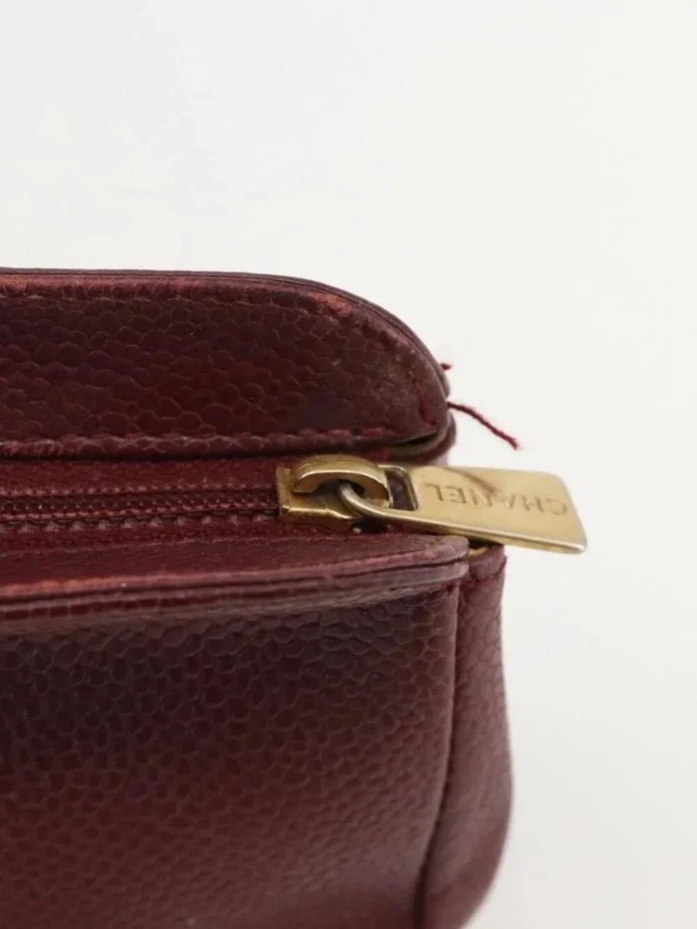 CHANEL Pouch Grained Calf Skin Bordeaux Gold CC Auth yk20274